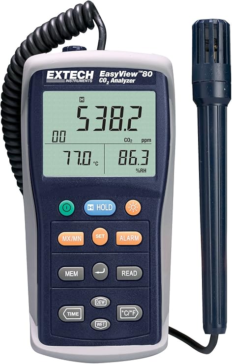 Extech EA80 EasyView Indoor Air Quality Meter and Datalogger - CO2, Temperature, Humidity, Dew Point, Wet Bulb, NDIR Sensor, 20,000 Data Set Logging, Backlit LCD | CO2, temp, humidity, dew point, wet bulb, NDIR, 20000-set logger, MIN/MAX/avg, backlit, battery or AC