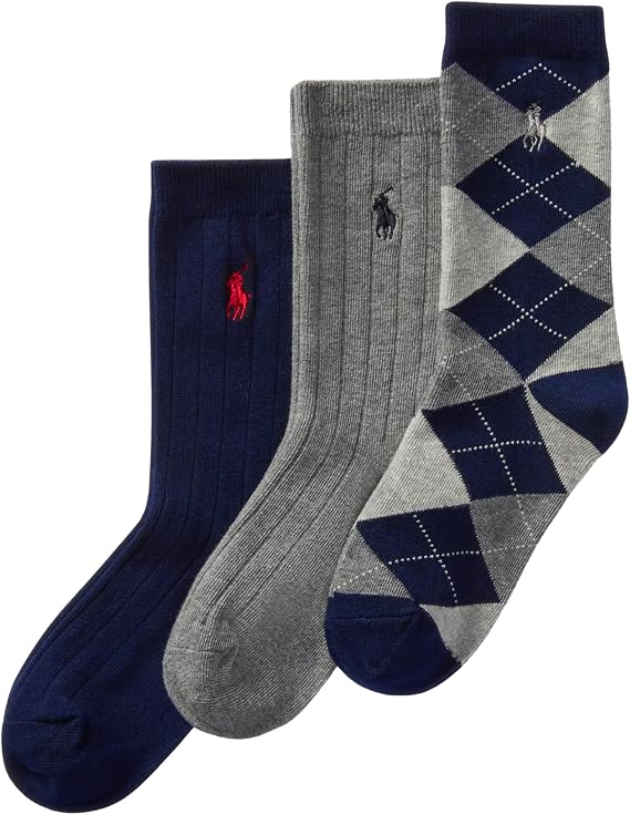 POLO RALPH LAUREN Boys' Argyle Pattern Dress Crew Socks - 3 Pair Pack - Soft Lightweight Cotton Comfort