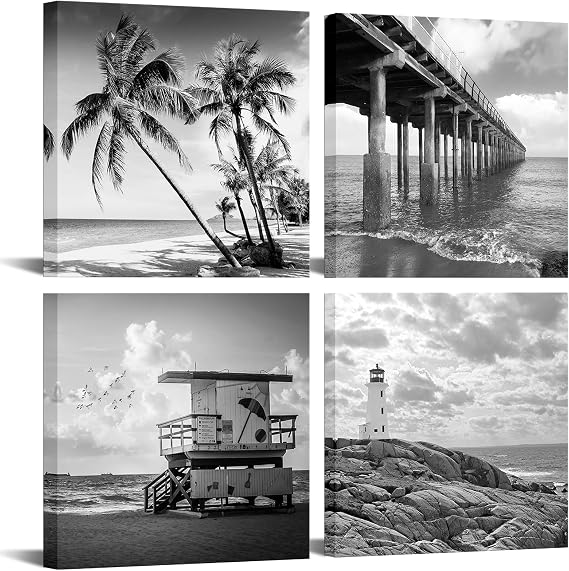 Biuteawal- 4 Piece Wall Art Back White Beach Picture Canvas Print Florida Coastline Lighthouse Lifeguard Tower Pier Poster Print Streched Framed Artwork Living Room Bedroom Bathroom Deco