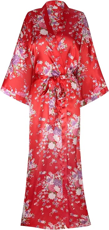 Women's Long Kimono Robes Silky Floral Bathrobe with Blossoms Printed Bridesmaid Wedding Nightgown