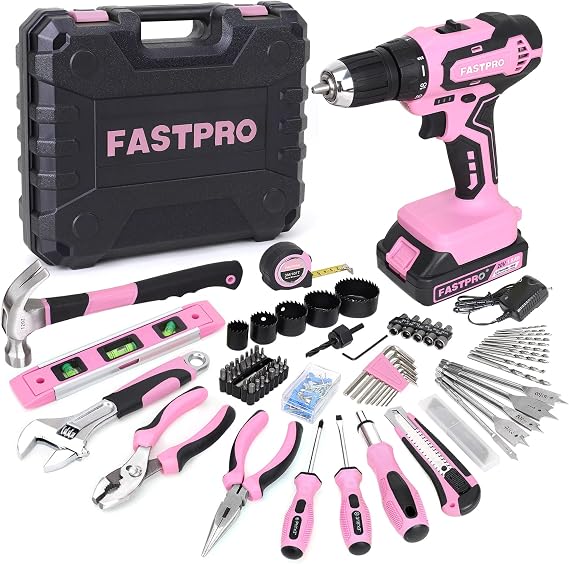 FASTPRO 20V Pink Drill Set for Women, Home Tool Kit with Tool Box | 20V Cordless Drill, Pink Tool Set for DIY, Home Repair & Maintenance, For Beginners, Holiday Gifts, 177-Piece