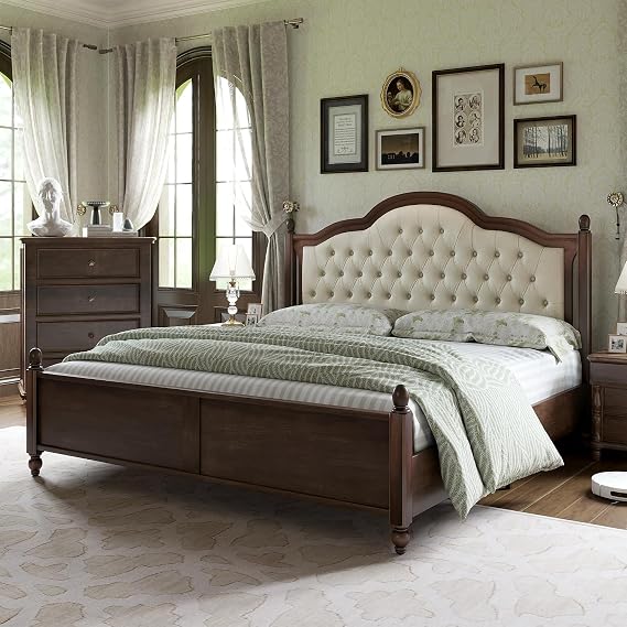 AMERLIFE King Size Solid Wood Bed Frame with Upholstered Tufted Headboard
