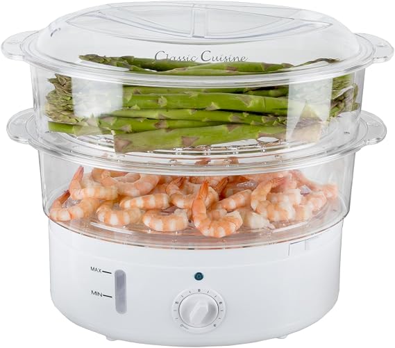 Classic Cuisine 2-Tier Vegetable Steamer and Rice Cooker, 120V 60Hz 800W | 6.3 Quart Electric Steamer for Cooking Healthy Fish, Eggs, Vegetables, Rice, and Baby Food