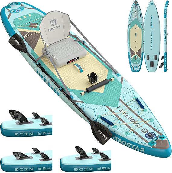 iTAOSTAR City Park 12'35" Extra Wide Paddle Board with Seat, One-Stop Premium SUP Board Gears, Tailored 5 Fins, Stable Inflatable Stand Up Paddle Boards for Youth of All Levels