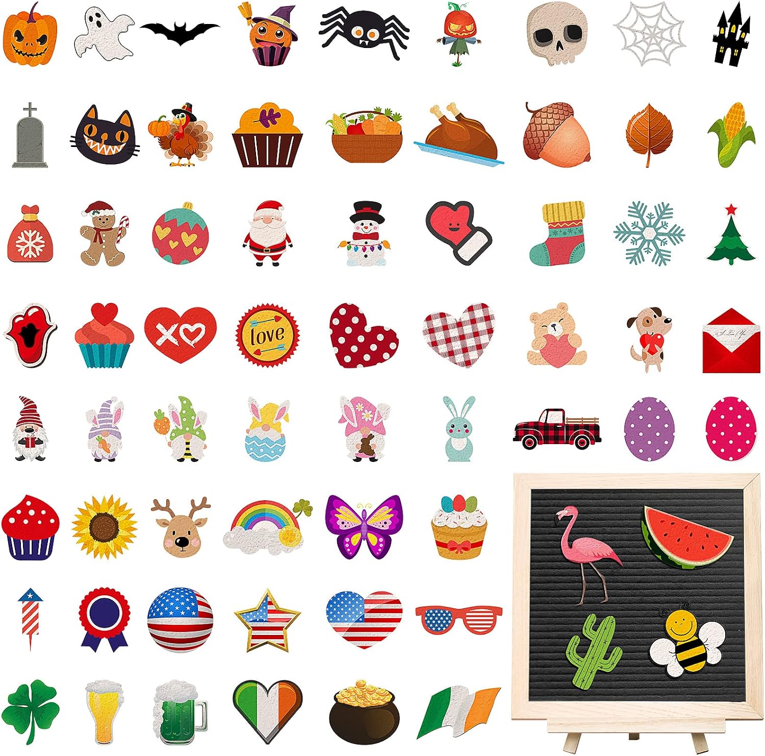 68 Pcs Holiday Seasonal Accessories Icons for Felt Letter Message Board Decorations Cute Symbols Changeable with Adhesive Dots for 4th July Patriotic Independence Day Decor, Board Not Included
