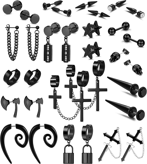 Florideco 16 Pairs Stainless Steel Y2K Punk Earrings Black for Men Women Mens Earrings Skull Cool Emo Goth Chains Jewelry Piercing Dangle Hoop Earrings Stud Set