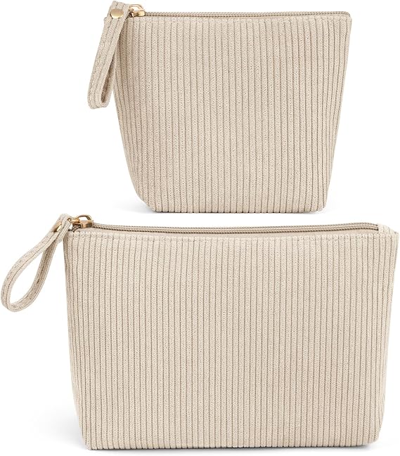 MAGEFY 2Pcs Makeup Bag Set, Cute Makeup Pouch for Purse Corduroy Travel Cosmetic Pouch for Women with Slip-in Pockets for Purse Essentials Accessories(Beige,Mini+Small)