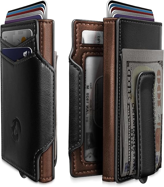 Wallet for Men, Slim Pop Up Card Holder with RFID Blocking, Minimalist Bifold Wallet with 10 Card Slots, 2 ID Window and Money Clip, Metal Flip Case with Magnetic Closure, Gift Box