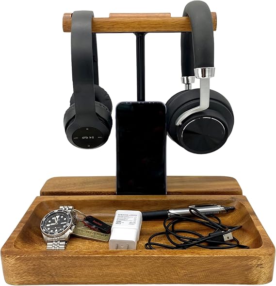 Dual Headphone Stand, Acacia Wood Holder for 2 Headsets, Phone & Tablet