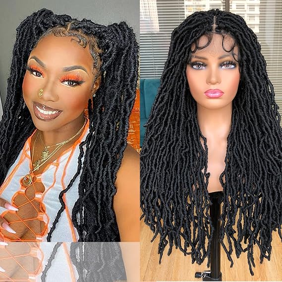 32Inch Black Full Double Lace Box Braided Wigs for Black Women Faux Locs Square Knotless Wigs with Baby Hair Long Dreadlock Wig Natural Black Hand-braided Synthetic Twist Lace locs Wig