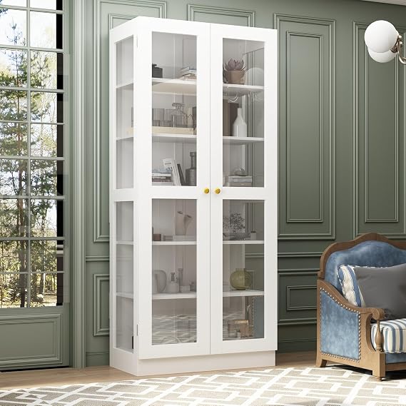 Homsee Tall 6-Tier Bookcase Bookshelf with Glass Doors, Wooden Storage Cabinet Display Cabinet for Living Room, Home Office, White (31.5L x 15.7W x 70.9H)
