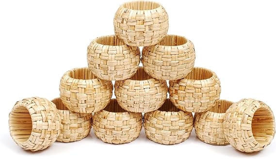 Natural Rattan Napkin Rings Set of 12 - Fancy Elegant Beautiful Decorative Napkin Holder for Dining Table Decor, Easter, Farmhouse, Dinner, Wedding, Family Gathering, Thanksgiving & Everyday Use