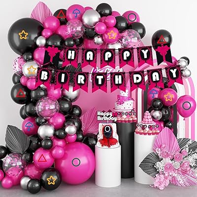 Pink Black Game Theme Birthday Party Decorations, Boys Girls Men Women Trendy Happy Birthday Party Supplies Kit Include Banner Garland Cake Toppers Cupcake Toppers Balloons Stickers for Bday Party
