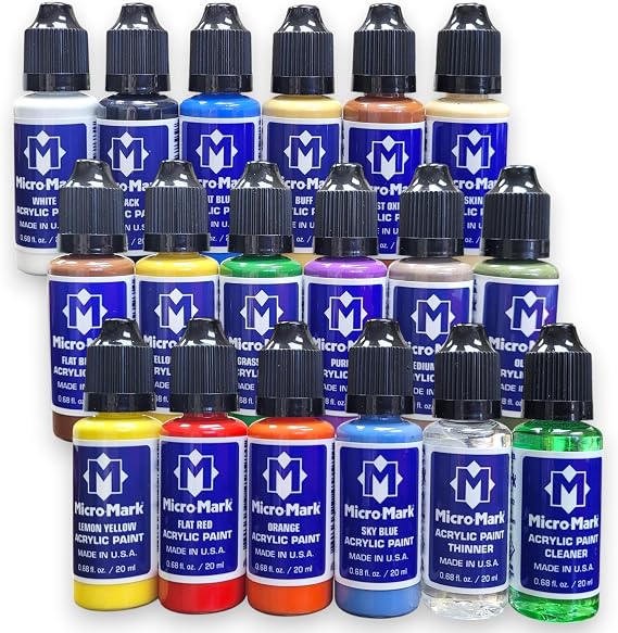 Micro-Mark Basic Color Model Water-based Acrylic Paint Set - Artist-Grade Pigment Colors for Miniatures, Models, Wargaming & Crafts, Fast-Drying | Made in the USA | 18 Bottles x 20 ml (0.68 fl.oz.)