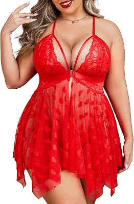 Avidlove Plus Size Lingerie Lace Babydoll Womens Teddy Chemise V Neck Nighty Mesh Sleepwear Front Slit Nightdress
