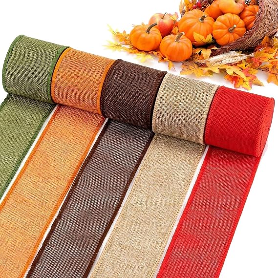 PAMASE Fall Burlap Wired Ribbon 5 Rolls Set, 27.3Y Total for Gift Wrapping