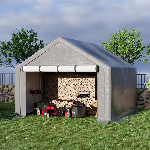 10x10 ft Outdoor Storage Shelter with Zipper Door, Portable Garages Shelters, Waterproof and UV Resistant Carport Shed for Bicycle, Motorcycle ATV, Lawn Mowers (10x10 FT)