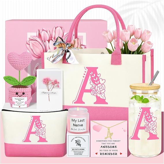 Mothers Day Birthday Personalized Monogrammed Customized Pink Gifts for Women, Initial A Birthday Graduation Gift Basket for Women Christmas Valentines Day Ideas Present for Her Set of 7
