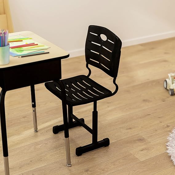 HBCY Creations Student Chair - Black Plastic Seat and Back - Height Adjustable Legs - Ergonomic Design - Slatted Back - Anti-Slip Floor Caps