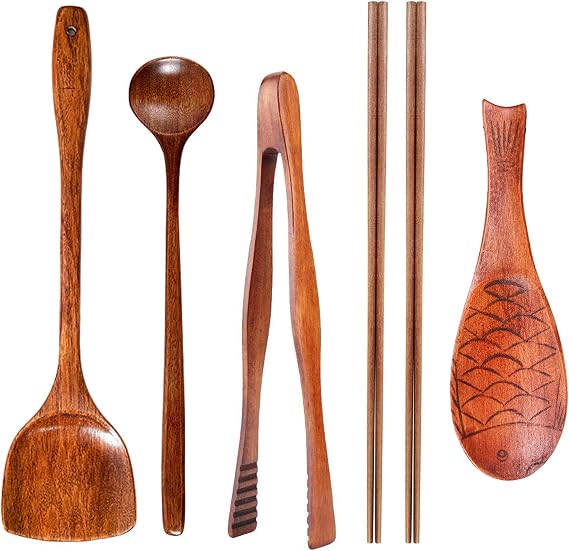 FJNATINH Wok Utensils Wooden Cooking Utensils Tools 6 PCS Wooden Spatula, Barbecue Tongs,Wok Shovel, Cooking chopsticks,Long Spoons,Nanmu Fish Shaped Rice Spoon Accessories
