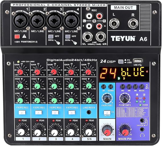 TEYUN 6-Channel Professional Portable Mixer Sound Mixing Console with 48V Phantom Power for Live Broadcast Recording, Computer Input, Home Studio (A6 Series)