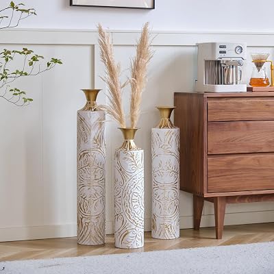 Floor Vases Tall Set of 3 Extra Large Decorative Tall Metal Floor Vases Home Decor for Fake Flowers Center Vase for Centerpieces 332925 Inch Height Gold Texture