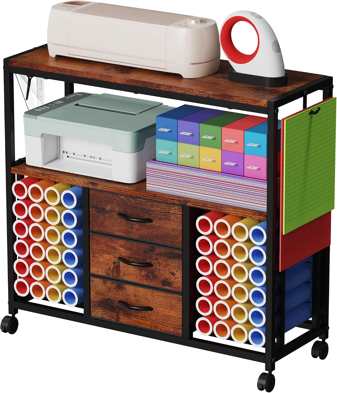 48 Vinyl Roll Holders for Cricut Cart, 32"W Large Craft Cart with 3 Fabric Drawer, Craft Organization and Storage Compatible with Cricut Maker Machine, Crafting Table Workstation, Vintage