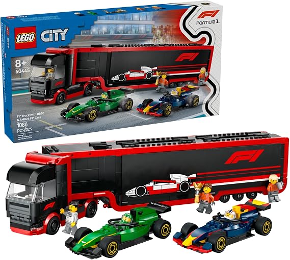LEGO City F1 Truck with RB20 & AMR24 F1 Car Toys - Model Car Building Toy Set for Kids, Boys and Girls, Ages 8+ Formula 1 Collectible for Fans - Gift Idea for Birthdays - 60445