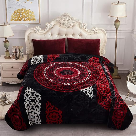 MERRY HOME Korean Fleece Blanket King Size,85 X 95 Inches- 9 Lbs, Single Ply, Soft Heavy Warm Mink Blanket, Thick Raschel Bed Blanket for Winter,Autumn (Black/Burgundy,King)