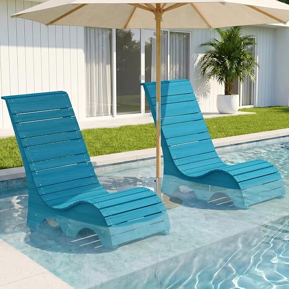 in Pool Lounge Chairs Set of 2, Short Curved HDPS Ergonomic S-Contour Pool Chaise Loungers with Unique M-Shape Base Anti-Float, Fade-Resistant Poolside Lounger for Pool Patio Deck, Blue