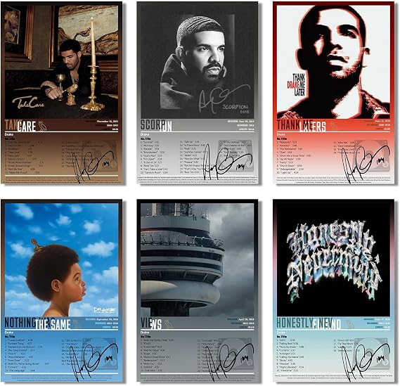 Drake Poster Music Album Cover Signed Limited (Set of 6 Canvas Roll,8x10inch- Unframed) Posters Print Artwork Aesthetic Wall art for Girl and Boy Teens Dorm Decor