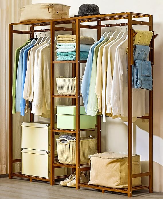 Bamboo Garment Rack with Shelves - 7 Tier Wardrobe Closet Racks for Hanging Clothes Coat,Wooden Clothing Rack with Organizer Storage Shelf, Freestanding Corner Clothes Rack for Bedroom