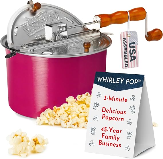 Original Whirley Pop Popcorn Maker - Wabash Valley Farms Pink Popcorn Popper with Metal Gears, Movie Night at Home, 3-Minute Stove Top Popper with 6-Quart Capacity