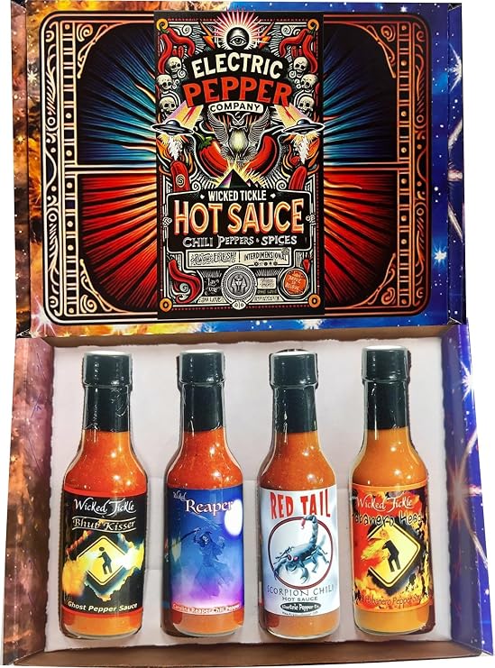 Wicked Tickle Hot Sauce Gift Set Carolina Reaper, Scorpion, Ghost & Habanero, 4 Pack, 5 oz Bottles