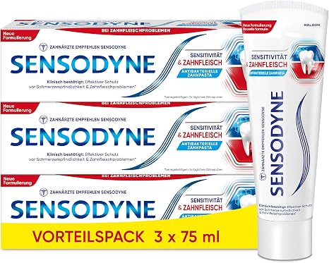 Sensodyne Sensitivity and Gum Toothpaste 3 x 75 ml Toothpaste for Improved Gum Health and Reduction of Pain Sensitivity