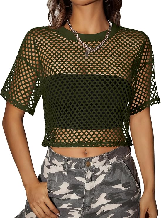 Women's Mesh Top Fishnet T Shirts Sheer Loose Short Sleeve See Through Crop Tops