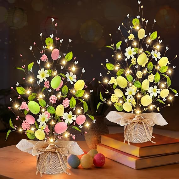 2 Pack & Timer - Easter Decorations, 18 Inch Lighted Easter Tree Tabletop with 40 LED Warm White Lights Colorful Eggs Floral Berries Battery Operated Easter Egg Tree Home Indoor Party Spring Decor