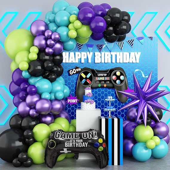 Video Game Balloon Arch Garland Kit, Green Teal Blue Purple Black Balloons