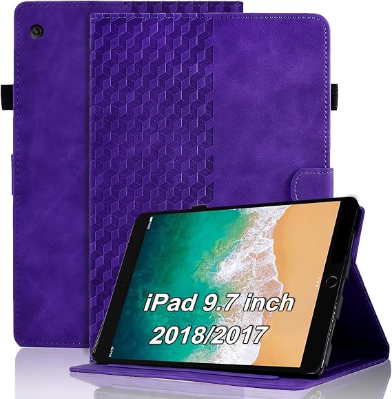 Case for iPad 9.7'' 2018/2017 (iPad 5th/6th Generation) PU Leather Cover Flip Stand Shell Multi-Angle Grid Lattice with Card Holder for iPad Air 2 / iPad Air 9.7 inch,Purple