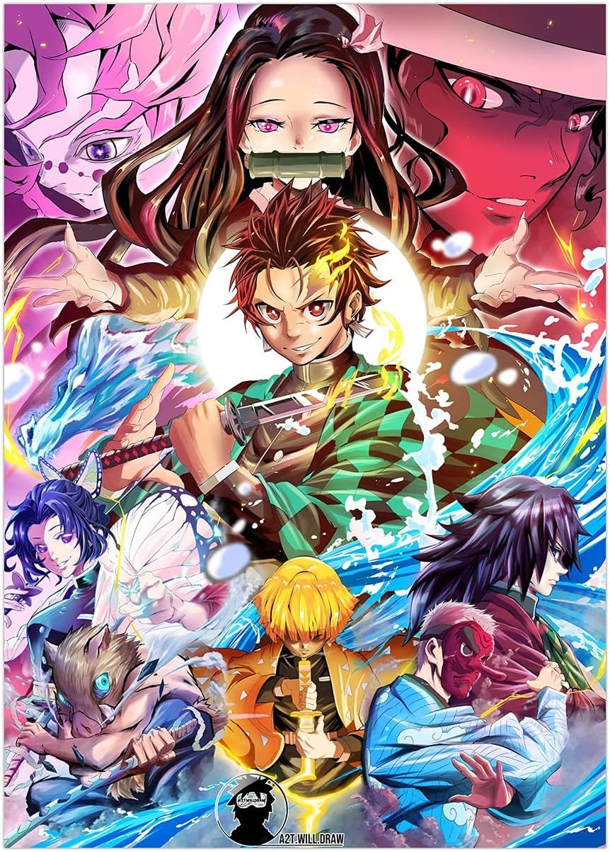 Anime Demon Slayer Poster Tanjiro Nezuko Zenitsu Inosuke Giyuu Shinobu Canvas Paingting Wall Art Hd Print Decoratinon Picture for Living Room Boy Gift Unframed, DJ-DS01