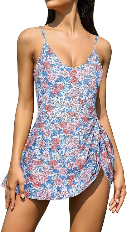 SHEKINI Women's V Neck Tummy Control One Piece Swimdress Tie Side Swimsuit