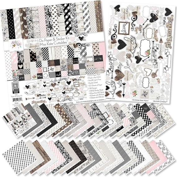 Paper & Sticker Kit - I Do - Wedding - 20 Double-Sided 12x12 Papers with 39 Designs & 1 8X12 Sticker Sheet - Scrapbooking Card Making Crafting - by Miss Kate Cuttables
