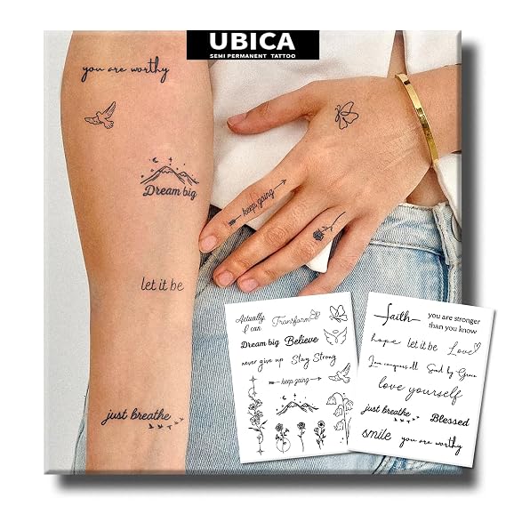 Semi Permanent Tattoos, 2 Sheets Inspirational Soul Quotes Realistic Hand Temporary Tattoos, Minimalist Line Small Tattoos for Women Men, Long Lasting 1-2 Weeks, Waterproof & Non-Reflective