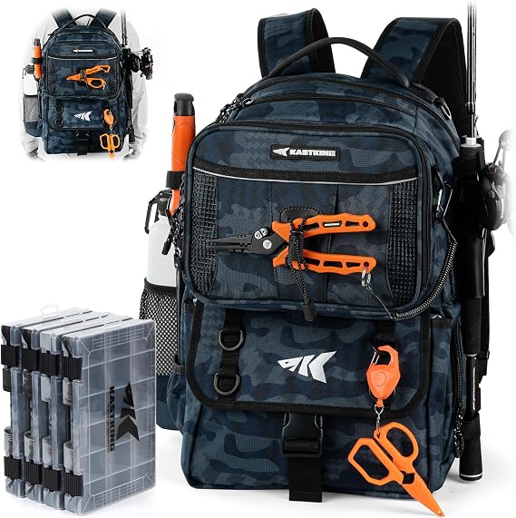 KastKing BaitSpace 50L Fishing Backpack with 4 Tackle Boxes, 2 Rod Holders