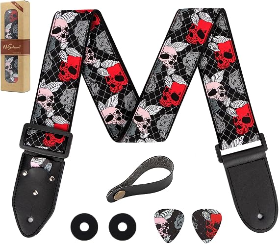Skull Guitar Strap, Jacquard Weave Embroidered Guitar Straps, Includes Strap Button & 2 Unique Picks & 2 Strap Locks. For Bass, Electric & Acoustic Guitars. Best Gift for Men & Women Guitarists
