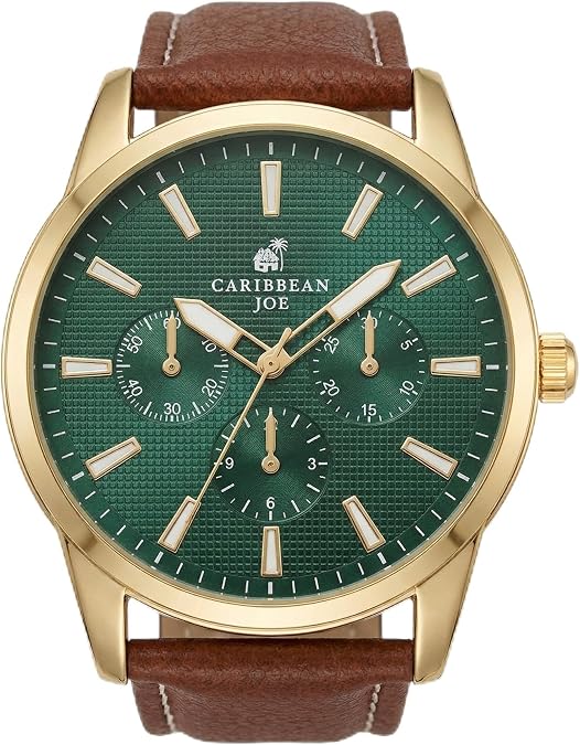 CARIBBEAN JOE Mens Analog Watch with Green Textured Dial, Gold-Tone 42mm Round Case, Decorative Subdials, Brown Vegan Leather Strap, Quartz Movement, Casual Dress Wrist Watch