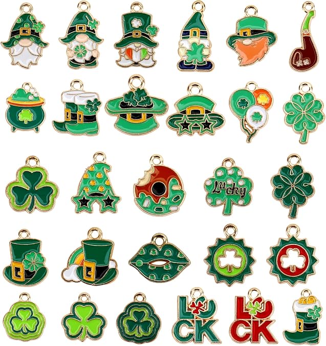 30Pcs St. Patrick's Day Charms, Gold Tone Shamrock & Enamel Clover Pendants for DIY Jewelry Making, Craft Supplies for Bracelets and Keychains
