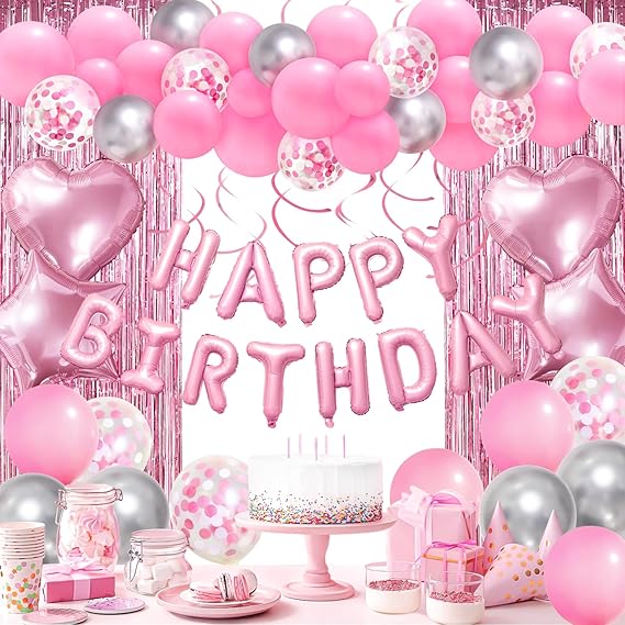 Pink Birthday Decorations, Happy Birthday Banner, Confetti Balloons, Fringe Curtain, Heart Star Foil Balloons, Hanging Swirls for Women Girls Birthday Princess Party Decorations