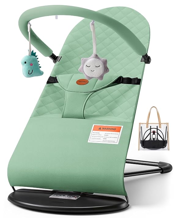 Baby Bouncer, Portable Baby Bouncer Seat, 3-Position Recline Infant Bouncy Seat for Babies 0-18 Months, Ergonomic Bouncy Chair with Hanging Toys, Bio-Inspired Fabric, Rocker & Stationary Modes Green