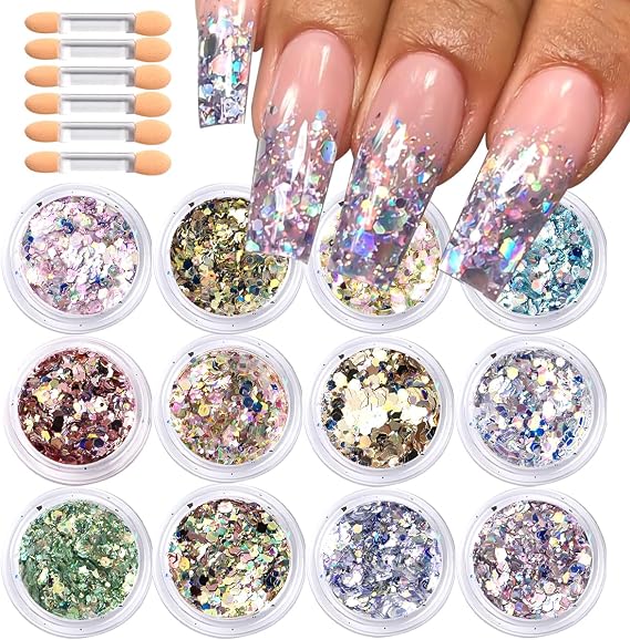 Holographic Chunky Nail Glitter,12 Colors Iridescent Glitter Mermaid Nail
